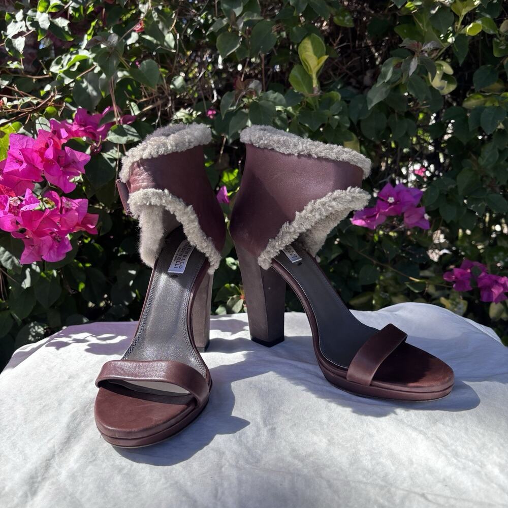 Brunello Cucinelli Women's Leather Shearling Fur Sandals Heels Brown Sz 37
